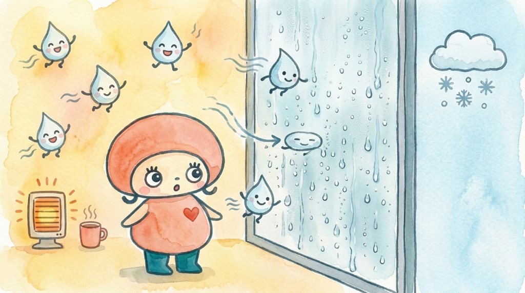 暖房の効いた部屋で、アイビ建築のキャラクターアイちゃんが寒さで水滴がつく冬の窓ガラスを不思議そうに見つめているイラスト。部屋のあたたかい空気中の水蒸気が、冷たい窓に触れて水滴（結露）になる様子が描かれている。