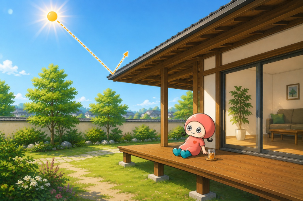 軒によって夏の高い太陽光が遮られ、縁側に日陰ができている和風住宅のイラスト