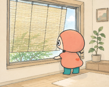 窓の外にすだれを取りつけて直射日光を遮り、室内で涼んでいるキャラクターのイラスト