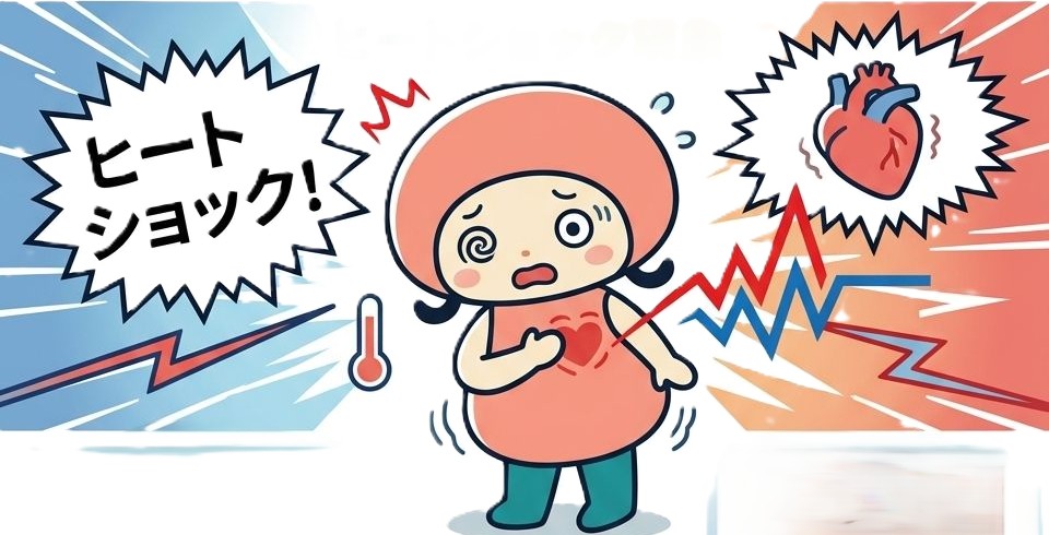 ヒートショックを起こし、胸を押さえてめまいを起こしている人のイラスト。「ヒートショック！」の文字と、急激な温度変化による心臓への負担を示す吹き出しが描かれている。