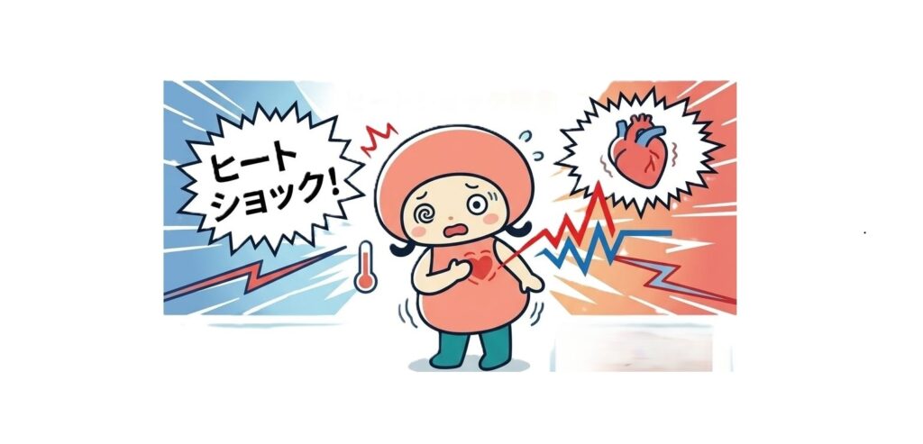 ヒートショックを起こし、胸を押さえてめまいを起こしている人のイラスト。「ヒートショック！」の文字と、急激な温度変化による心臓への負担を示す吹き出しが描かれている。