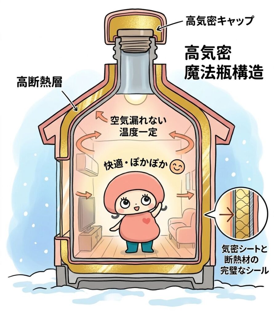高気密・高断熱住宅の特徴を魔法瓶に例えて説明するイラスト。家全体を覆う「高断熱層」と、屋根の上の「高気密キャップ」、壁の「気密シートと断熱材の完璧なシール」が、内部の暖かさを逃さず外の寒さを遮断する構造を模式的に示している。家の内部は、キャラクターが快適に過ごし、「空気漏れない 温度一定」「快適・ぽかぽか」というテキストとともに、暖かい空気が循環する様子が描かれている。外は雪景色。