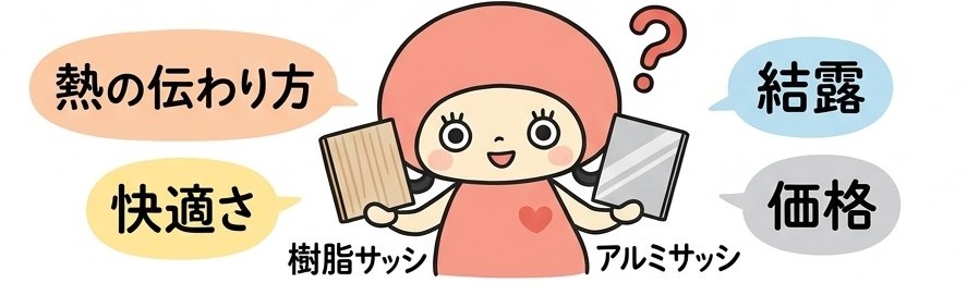 樹脂サッシとアルミサッシの違いを比較するイラスト。熱の伝わり方、結露、快適さ、価格のポイント解説。