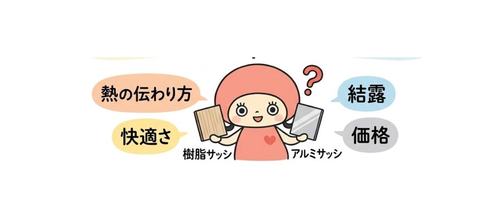 樹脂サッシとアルミサッシの違いを比較するイラスト。熱の伝わり方、結露、快適さ、価格のポイント解説。